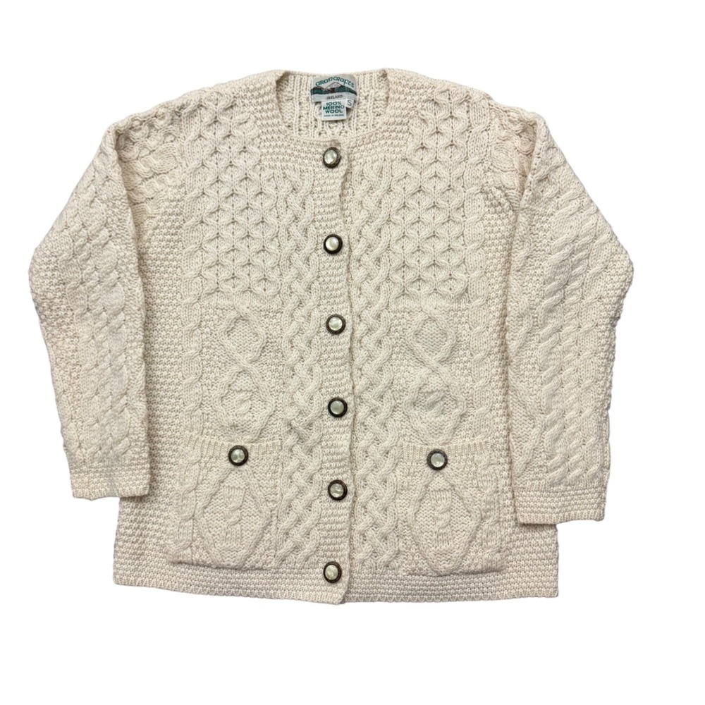 Aran Crafts Ireland 100% Merino Wool Cable Knit Cardigan Sweater Cream Sz S FLAW